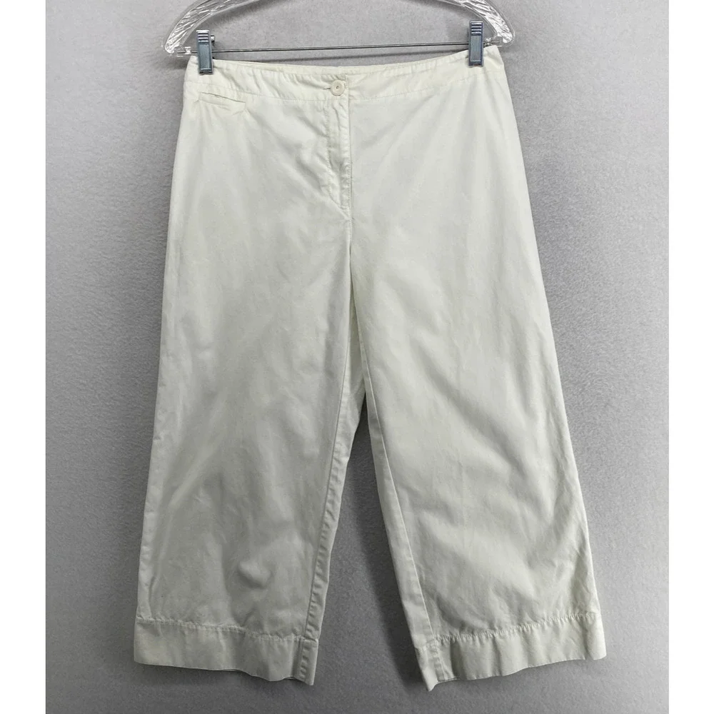 EILEEN FISHER Pants S Cotton Twill Cropped Wide Back Drawstring Detail White